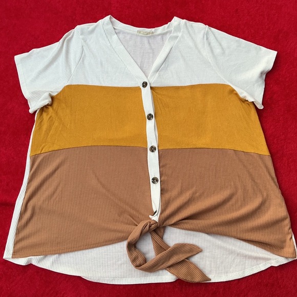 Tops - Colorblock Tie Front Top Women's 2 XL Multi Excellent Ribbed Button V-Neck